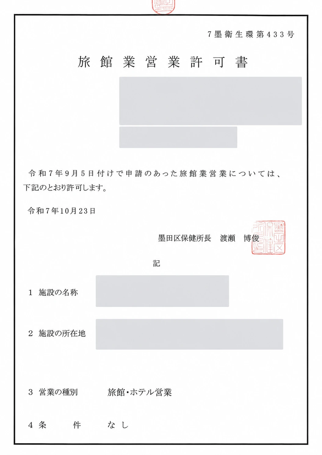 墨田区の旅館業営業許可書